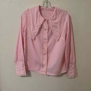 Pastel Pink Ruffled 1960’s 1980’s Peter Pan Doll Point Collar Blouse